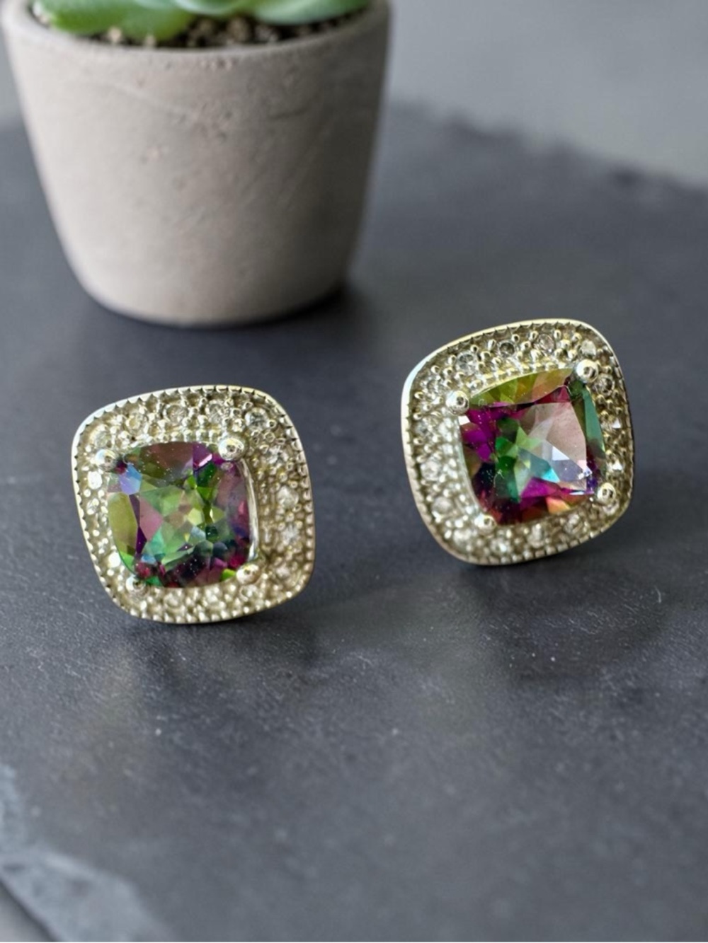925 Sterling Silver Mystic Topaz Princess Cut Halo Studs